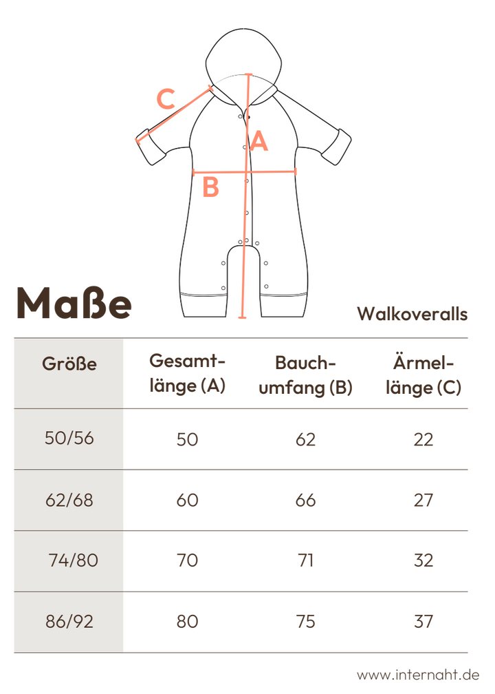 Detaillierte Maßangaben zum Baby Walkoverall von internaht