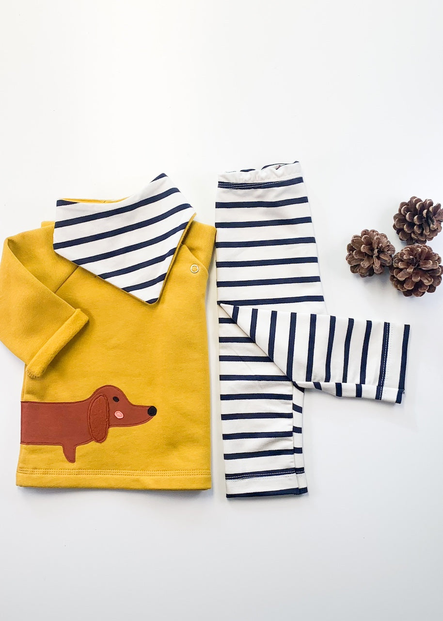 3 tlg. Baby Geschenk-Set bestehend aus Dackel-Sweatshirt in Senfgelb, Baby Halstuch und Baby Hose von internaht