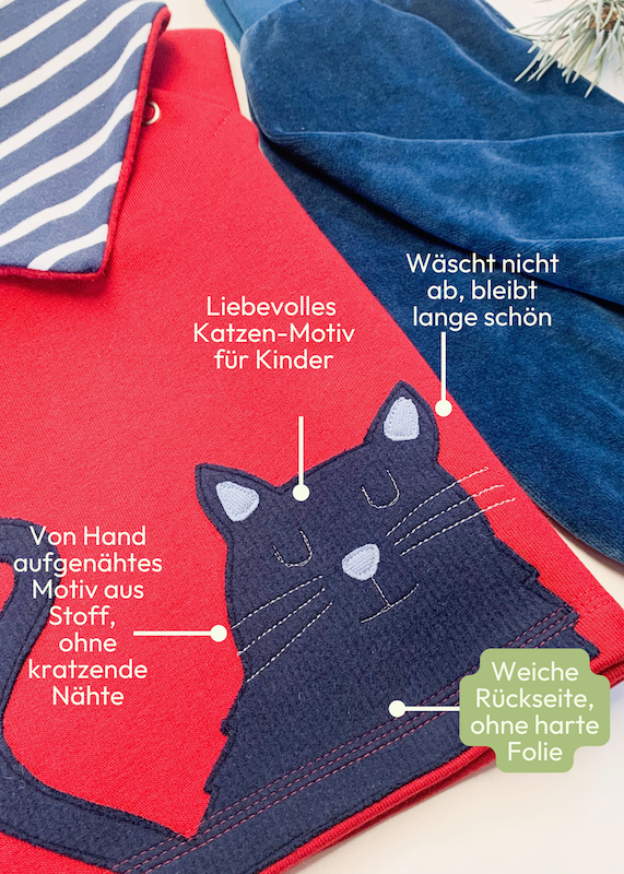 Nahaufnahme zum Baby Sweater mit Katzenmotiv aus 100% Biobaumwolle von internaht 