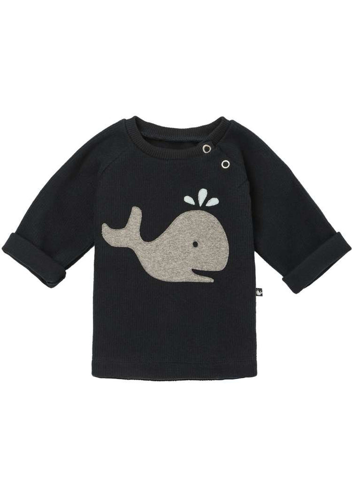 Dunkelblauer Baby Sweater mit Wal-Applikation von internaht aus 100% Biobaumwolle