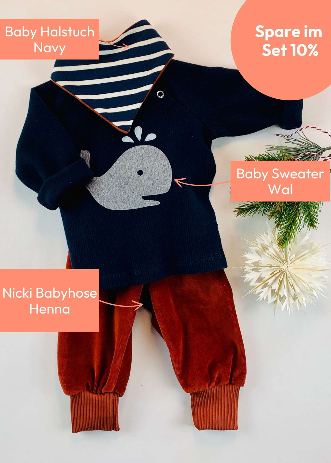 Baby Outfit bestehend aus Baby Sweater Wal, Nicki Babyhose in Henna und gestreiften Baby Halstuch - alles aus 100% Biobaumwolle von internaht - spare im Set 10%