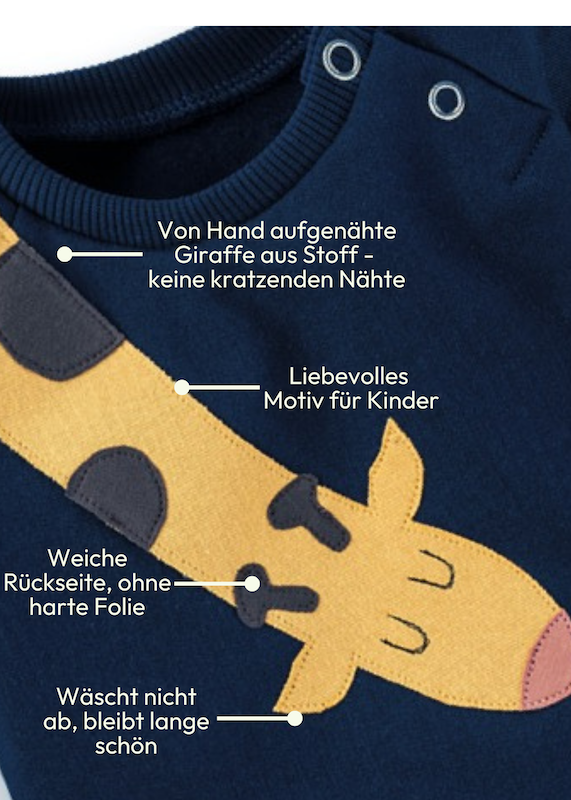 Details zur liebevollen Giraffen-Applikation zum Baby Sweatshirt mit Giraffe