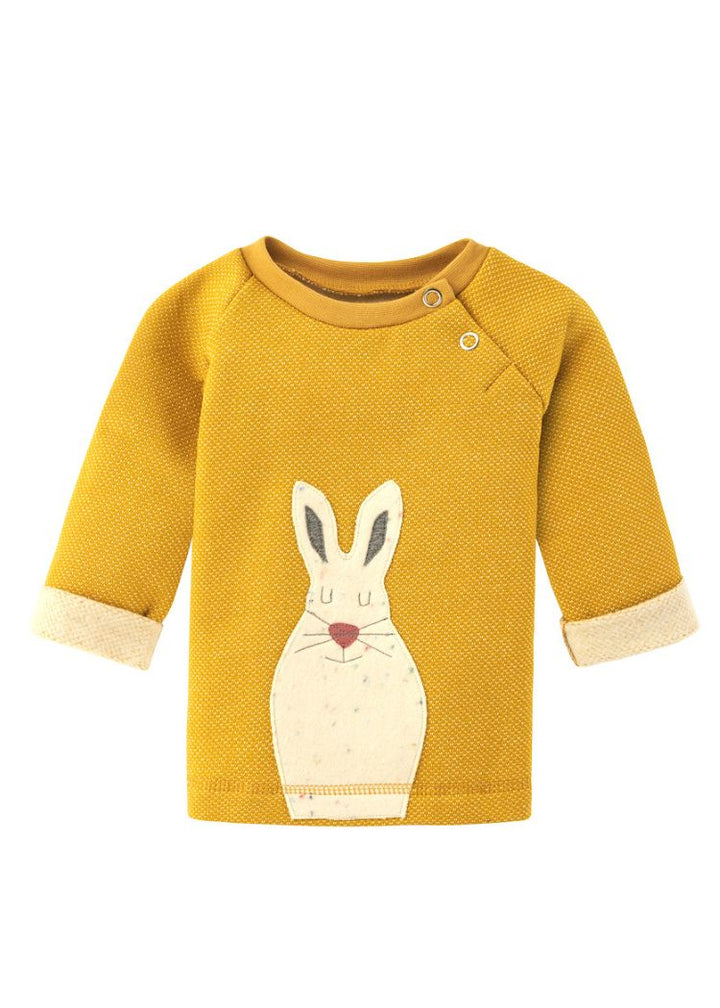 Gelbes Baby Sweatshirt Schneehase aus 100% Bio Baumwolle von internaht