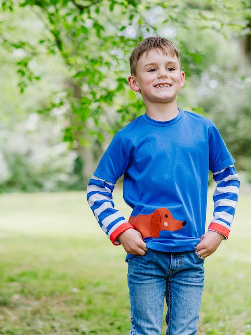 Royalblaues Dackel Shirt für Kinder aus 100% Biobaumwolle von internaht