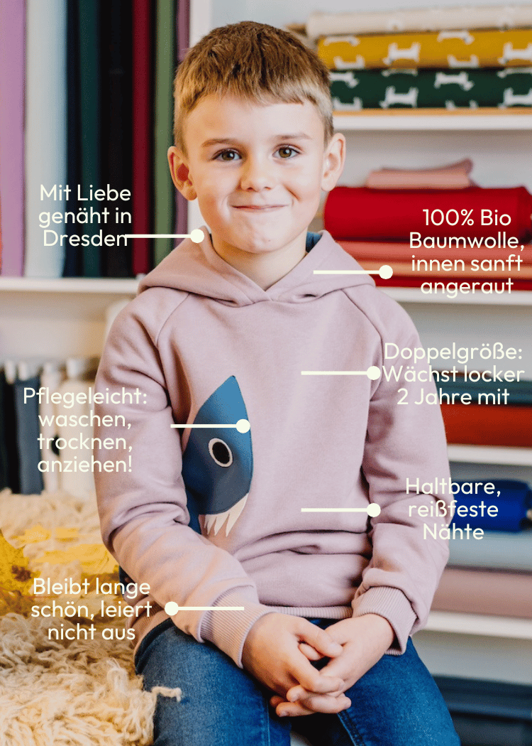 Vorteile des Hai Hoodie für Kinder aus 100% Biobaumwolle von internaht