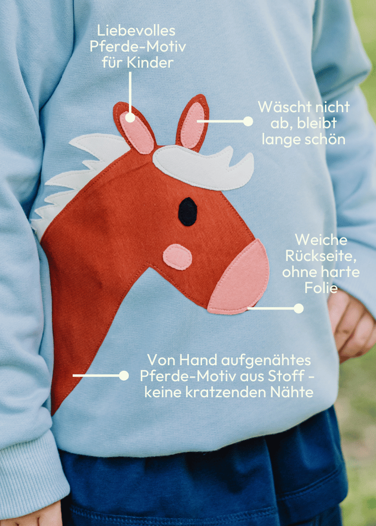 Details zur Applikation zum Hoodie mit Pferd für Kinder aus 100% Biobaumwolle von internaht