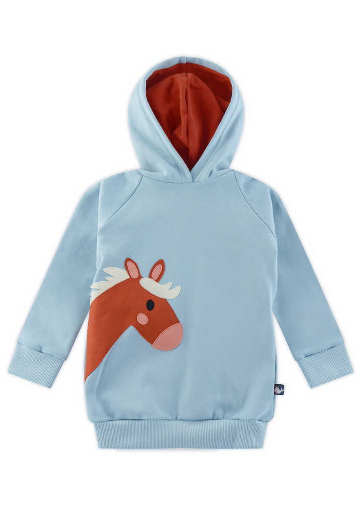 Himmelblauer Hoodie mit Pferd für Kinder aus 100% Biobaumwolle von internaht