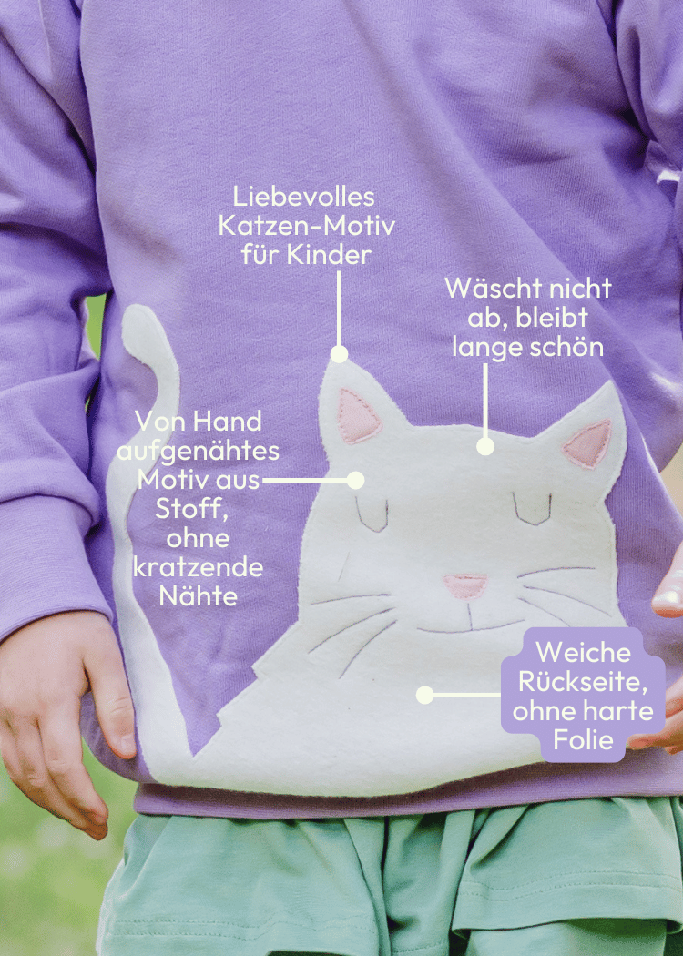 Detail zur Applikation des Kapuzen Pullovers mit Katze für Kinder aus 100% Biobaumwolle von internaht