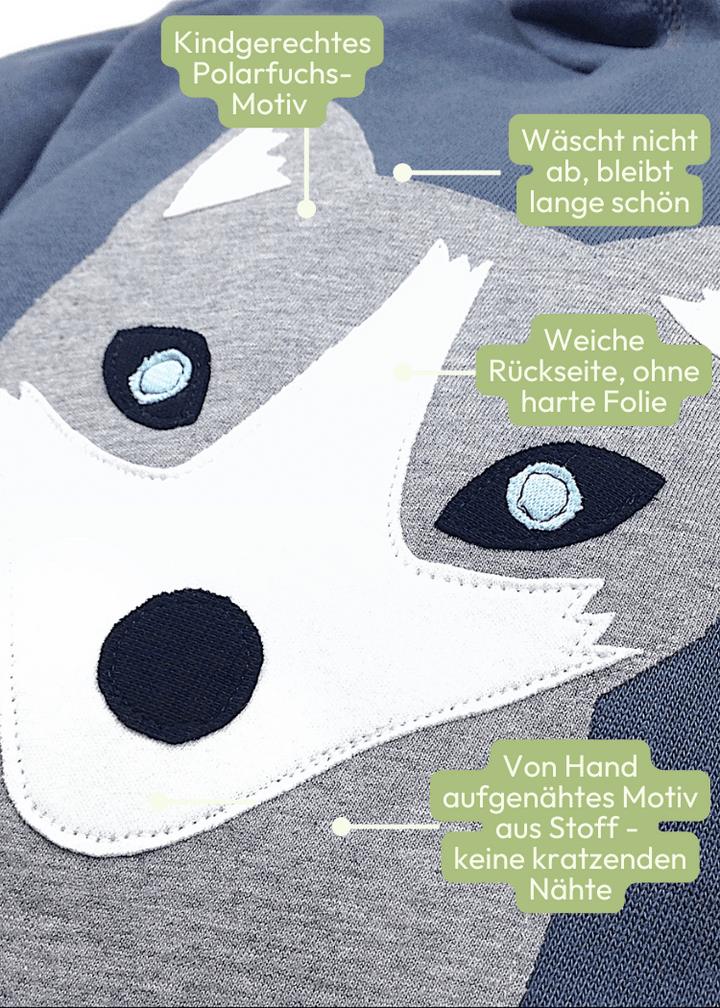 Details der Applikation zum Kinder Hoodie grau aus Biobaumwolle mit  Polarfuchs von internaht