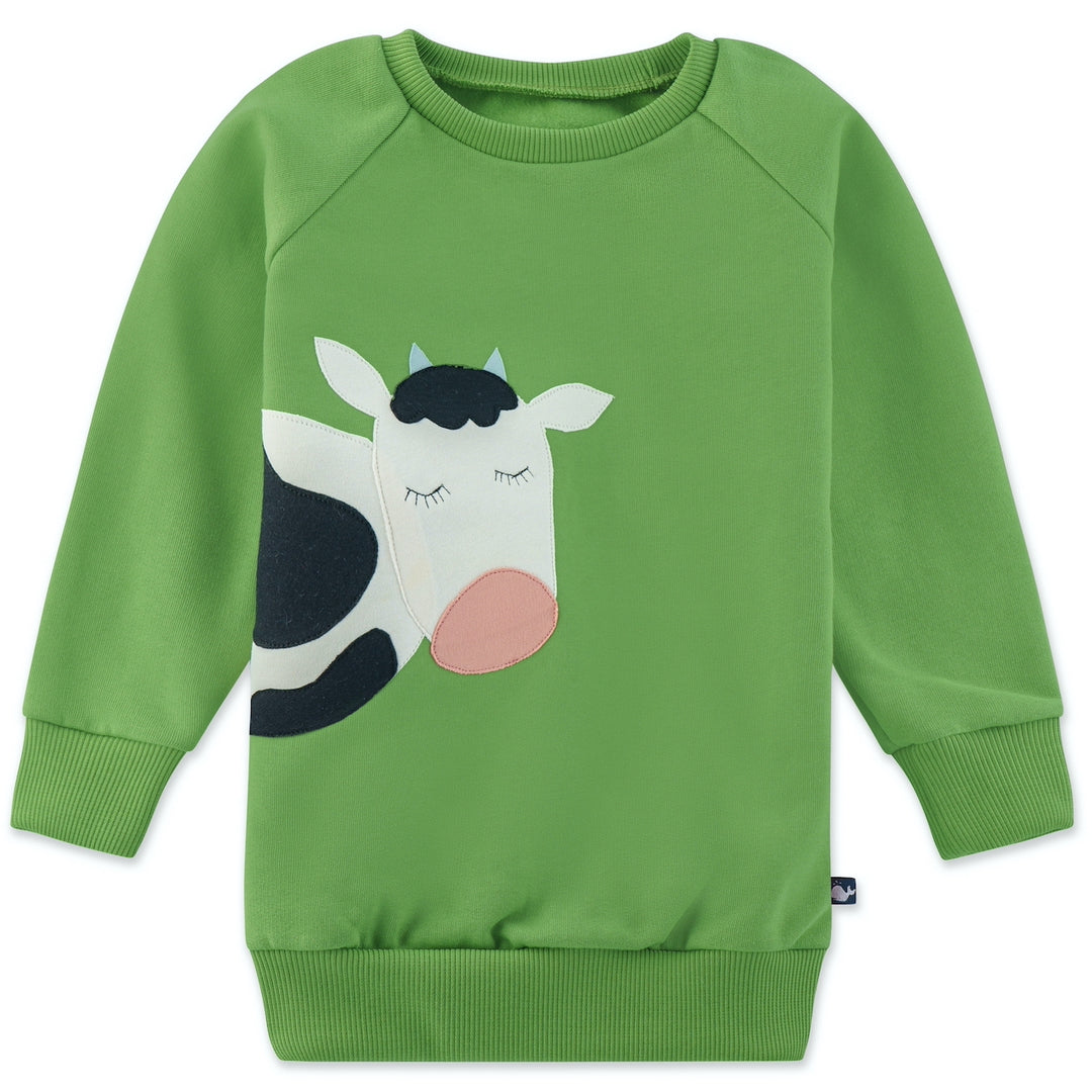 Grüner Kinder Pullover mit Kuh aus 100% Biobaumwolle von internaht