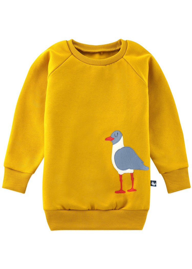 Senfgelber Kinder Pullover mit Möwe aus 100% Biobaumwolle von internaht