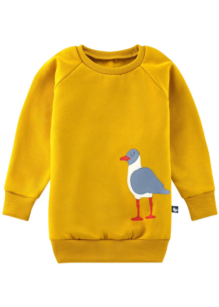 Senfgelber Kinder Pullover mit Möwe aus 100% Biobaumwolle von internaht