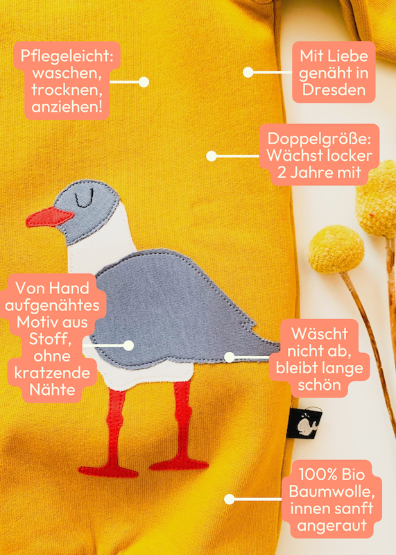 Detail zur Applikation des Kinder Pullovers mit Möwe aus 100% Biobaumwolle von internaht