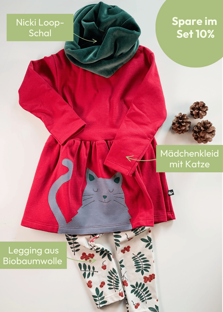 Fröhliches Mödchenoutfit aus Mädchenkleid mit Katze, Nicki Loop und Legging aus Biobaumwolle von internaht