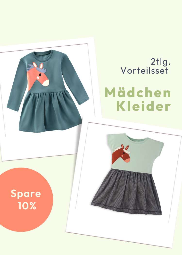 Vorteils-Set aus grünen Sweatkleid mit Pferd und Sommerkleid mit Pferd für Mädchen aus 100% Biobaumwolle von internaht - spare 10%