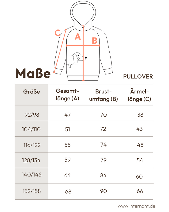 Tabelle mit den Maßangaben zum Kapuzenpullover für Kinder von internaht