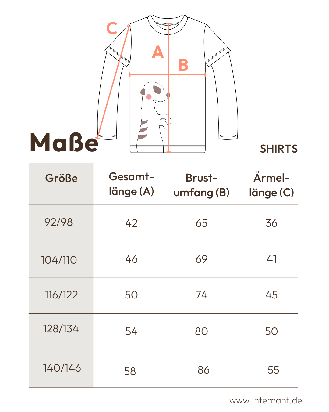 Tabelle mit den Maßangaben zum Kinder Langarmshirt von internaht