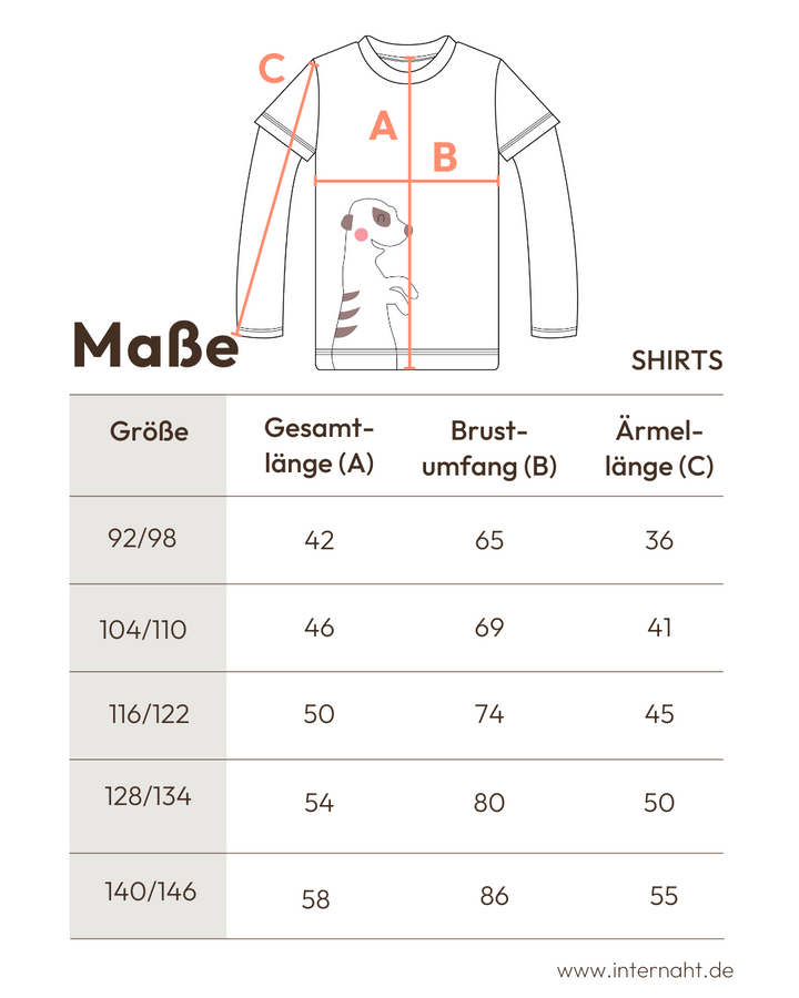 Tabelle mit den Maßangaben zum Kinder Langarmshirt von internaht