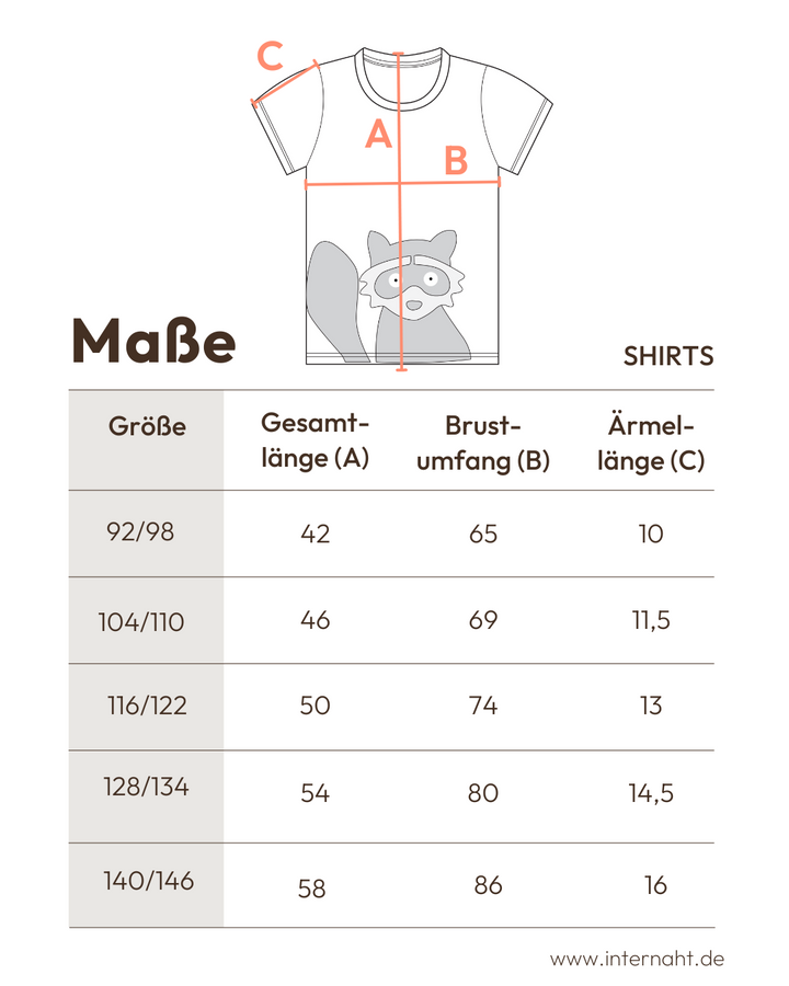 Tabelle mit den Maßangaben zum Kinder T-Shirt von internaht