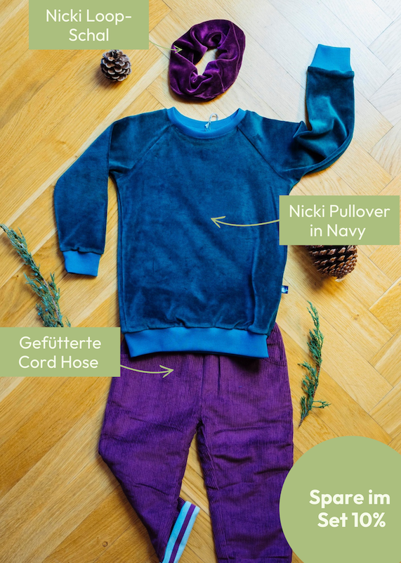 Outfit für Kinder: Dunkelblauer Nicki Pullover und Cordhose aus 100% Bio Baumwolle