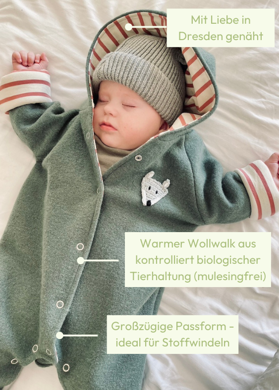 Salbeigrüner Schurwolle Overall Baby aus 100% Schurwolle (kbT) von internaht