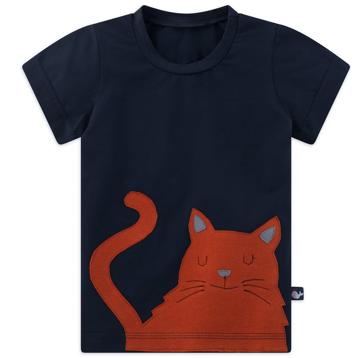 Dunkelblaues Kinder T-Shirt mit Katze aus 100% Biobaumwolle von internaht