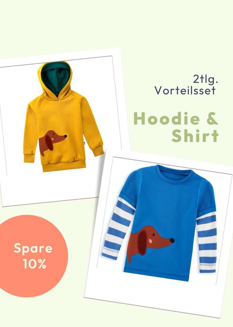 Vorteils-Set aus gelben Hoodie mit Dackel und Langarmshirt mit Dackel für Kinder aus 100% Biobaumwolle von internaht - spare 10%