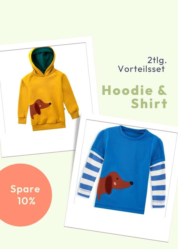 Vorteils-Set aus gelben Hoodie mit Dackel und Langarmshirt mit Dackel für Kinder aus 100% Biobaumwolle von internaht - spare 10%