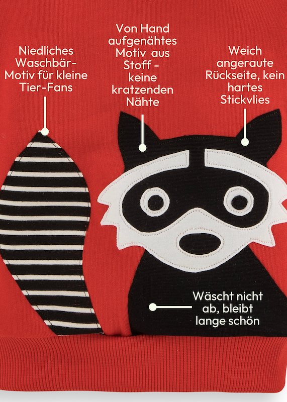 Detail Waschbär Applikation für Sweatshirt für Kinder aus 100% Bio Baumwolle von internaht