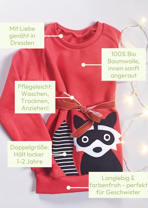 Hinreißendes orangefarbenes Waschbär Sweatshirt für Kinder aus 100% Bio Baumwolle von internaht