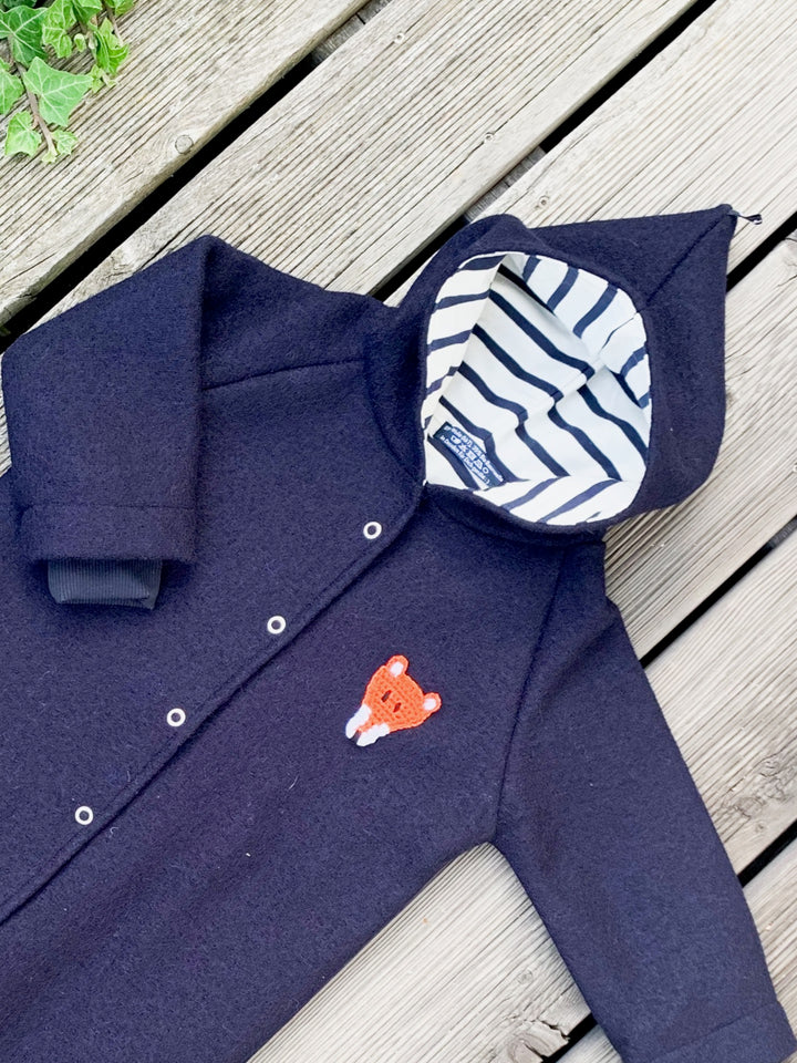 Wollwalk Overall für Kinder in Navy mit Fuchs-Motiv aus 100% Wolle von internaht