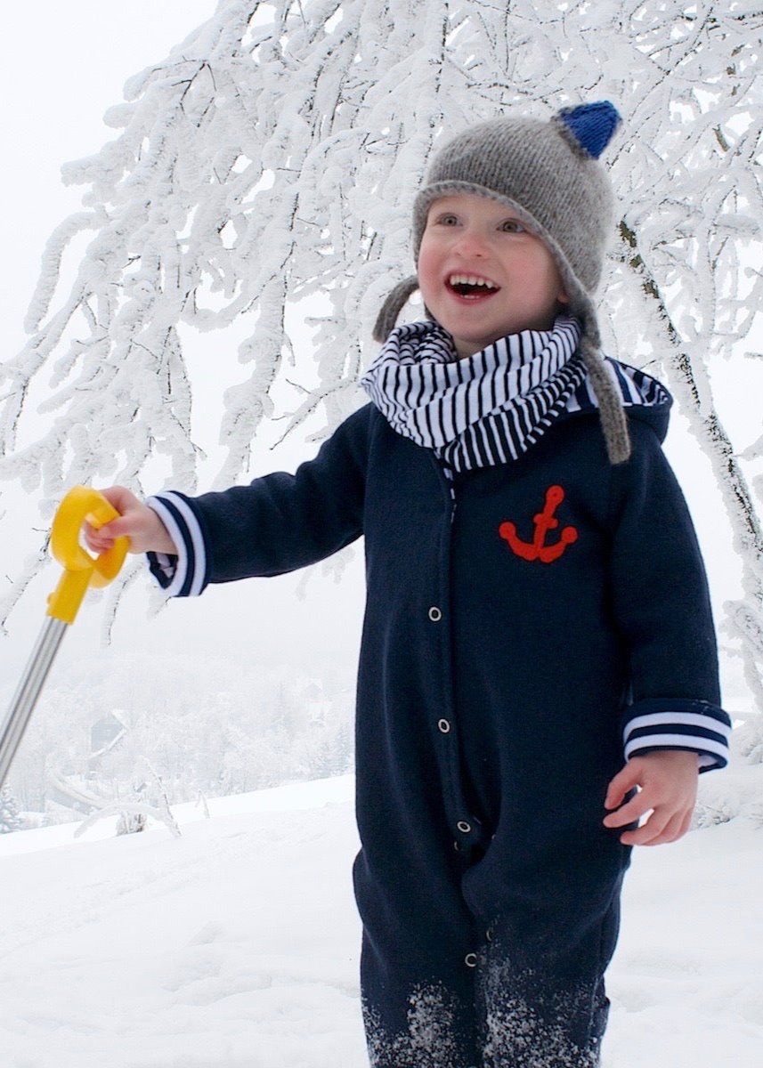 Gefütterter Wollwalk Overall für Kinder in Navy aus 100% Wolle von internaht